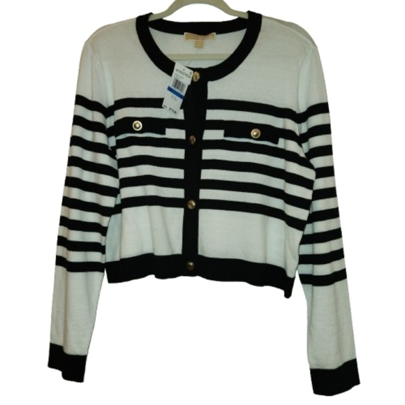 NWT Michael/Michael Kors Black/White Stripe Cardigan Gold Logo Buttons Size XL - Picture 1 of 11
